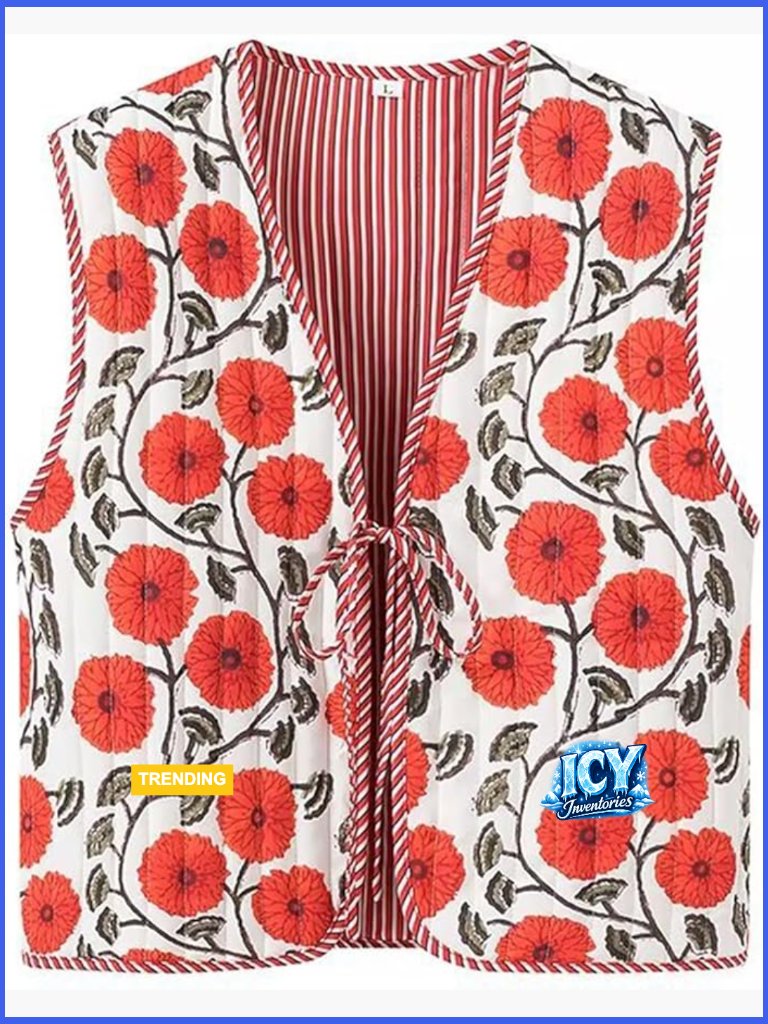 Polyester Blend Cropped Quilted Vest Floral Print Tie Front Puffer Gilet